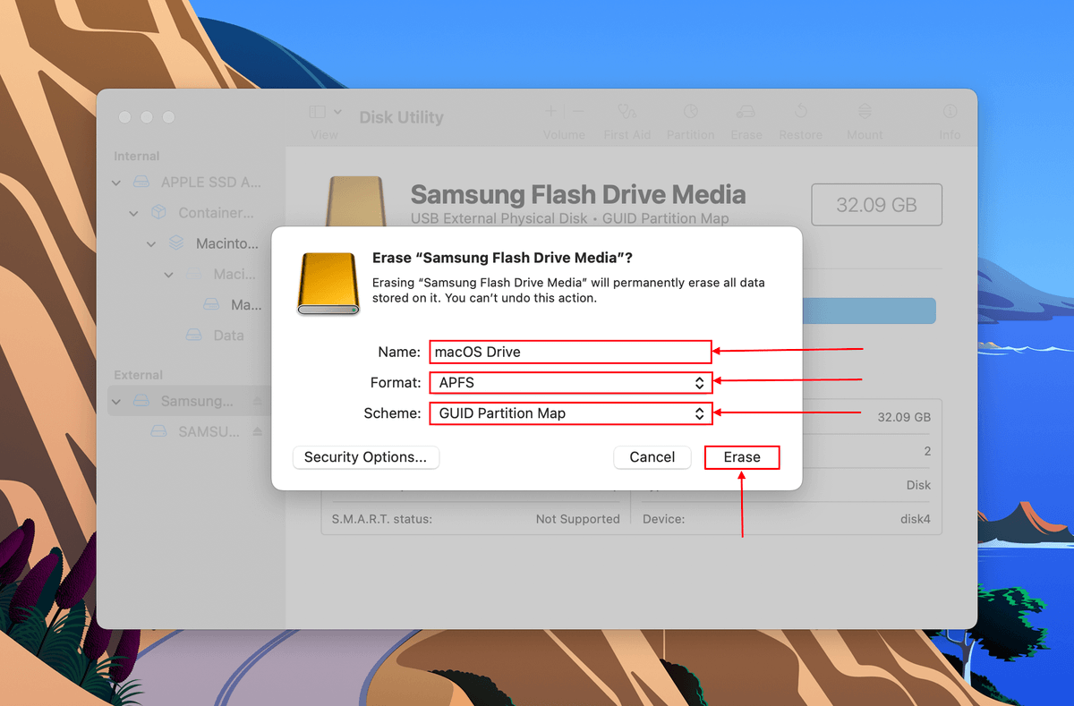 Options to change name, format, and scheme in Disk Utility dialogue box