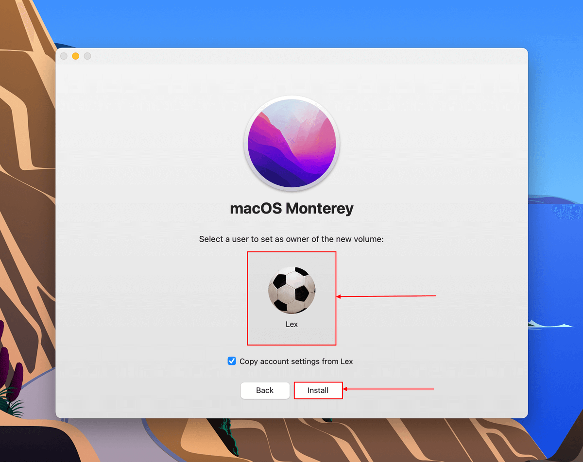 Destination folder selection in MacOS installation window