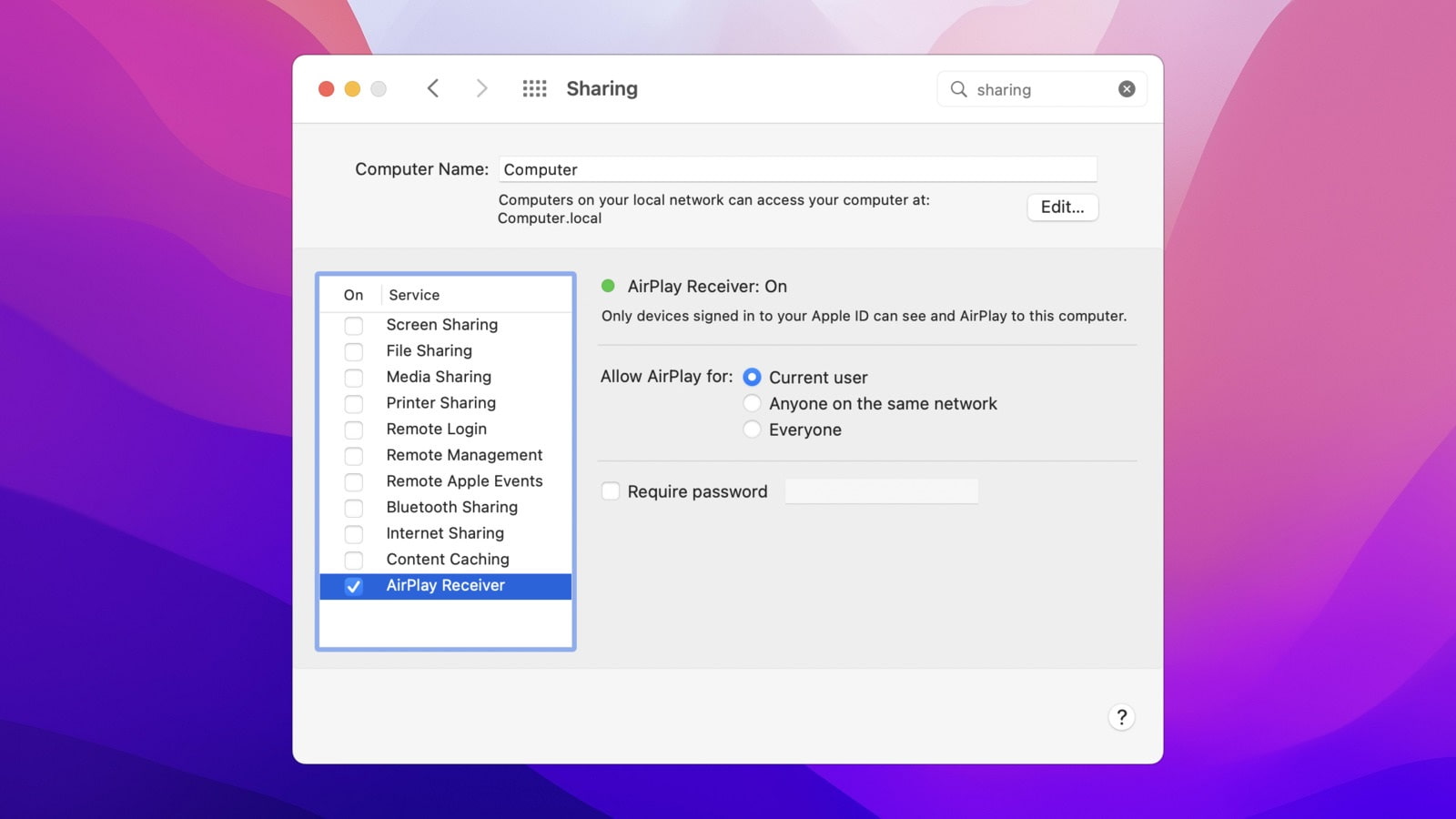Ensure the box for AirPlay Receiver is checked.