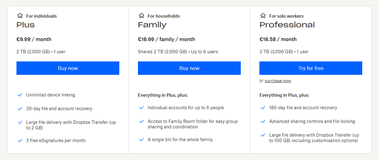 Dropbox pricing plans