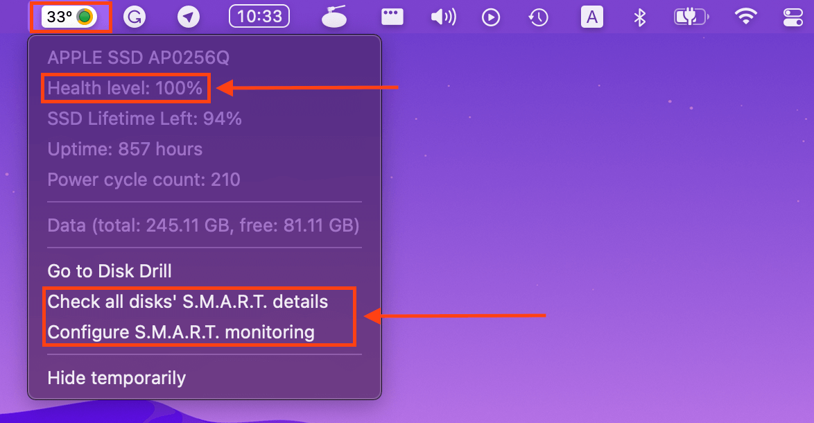 Disk Drill SMART monitor on Apple menu