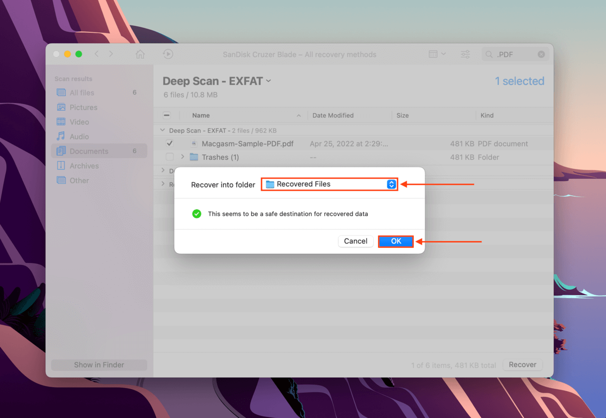 destination folder selection dialog in disk drill