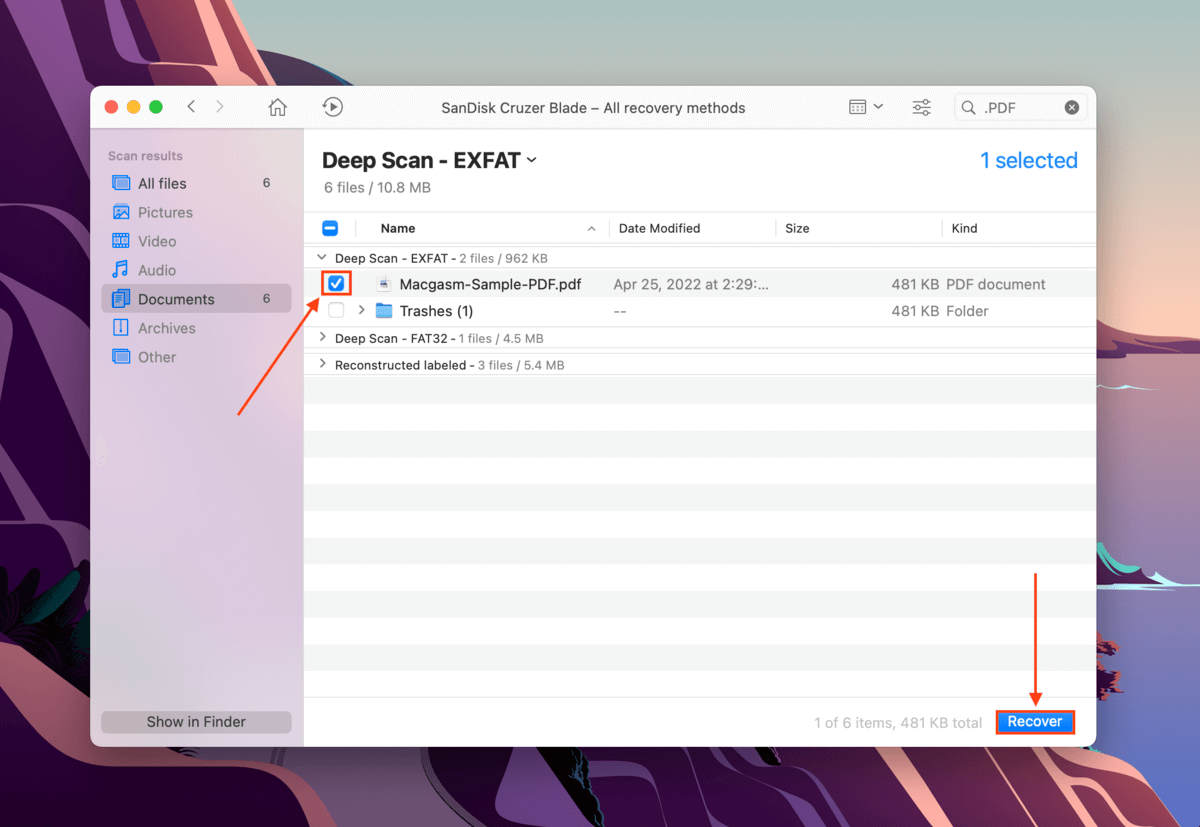 file selection window in Disk Drill