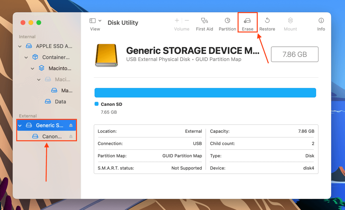 Erase button in disk utility window