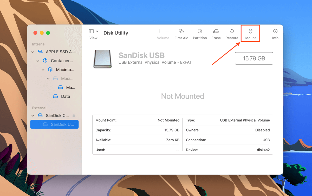 Mount button in Disk Utility