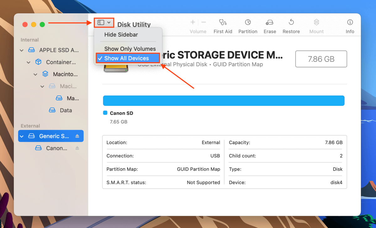 Show All Device button in Disk Utility