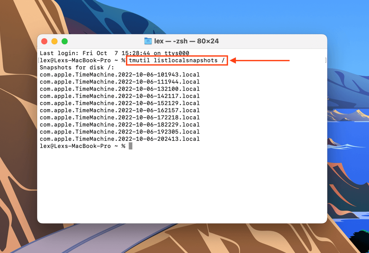 listlocalsnapshots command in Terminal