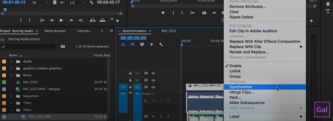 Synchronizing audio using Premiere Pro.