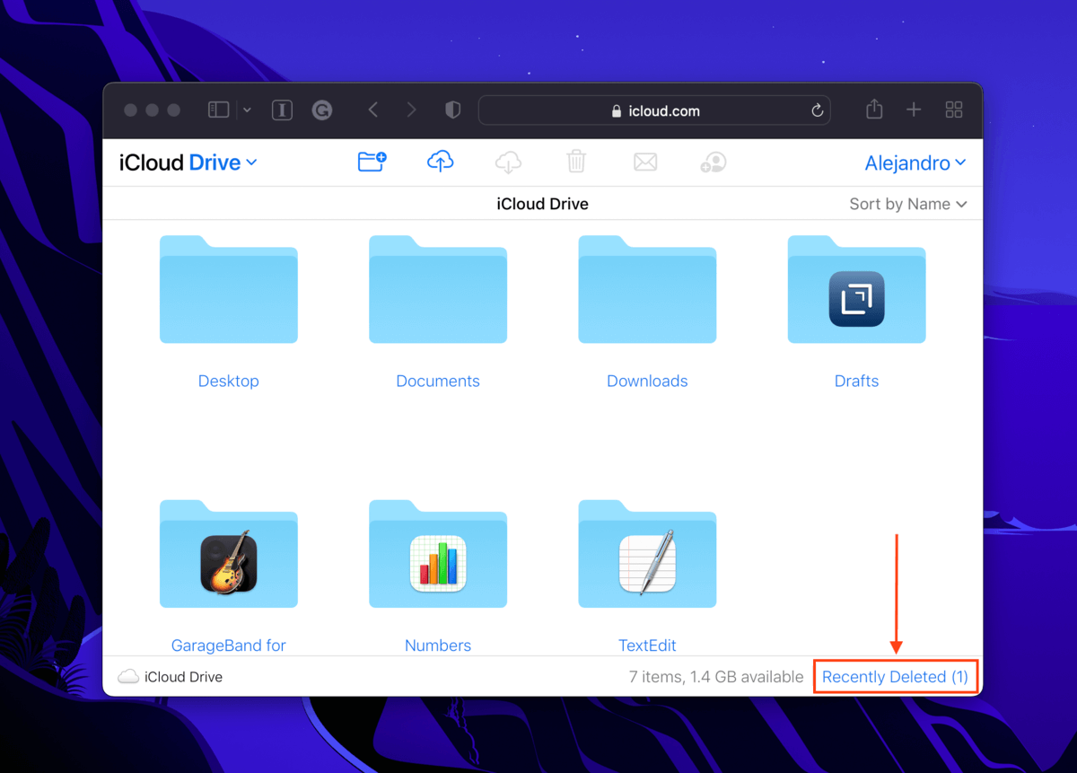 recently deleted button in iCloud drive