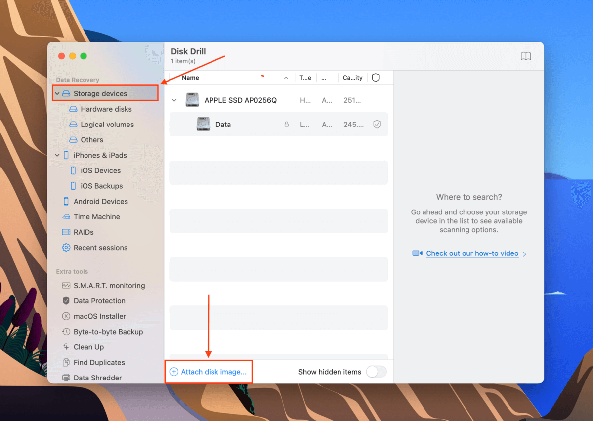 Attach disk image option in Disk Drill
