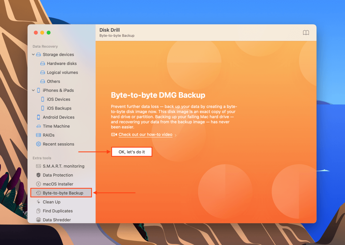 Byte-to-byte backup window in Disk Drill