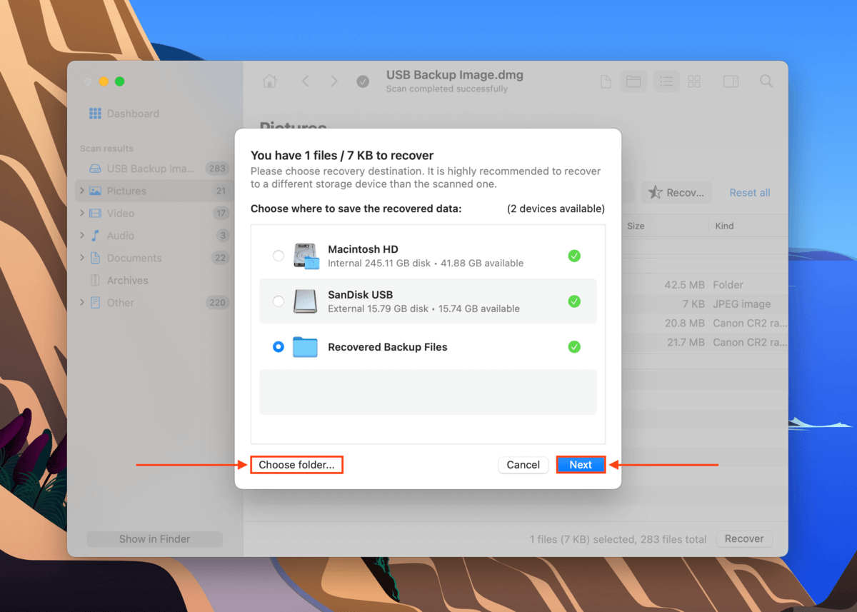 Disk Drill recovered file destination selection