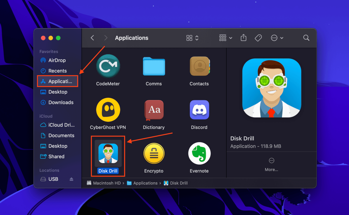 Disk Drill app in the Finder Applications folder