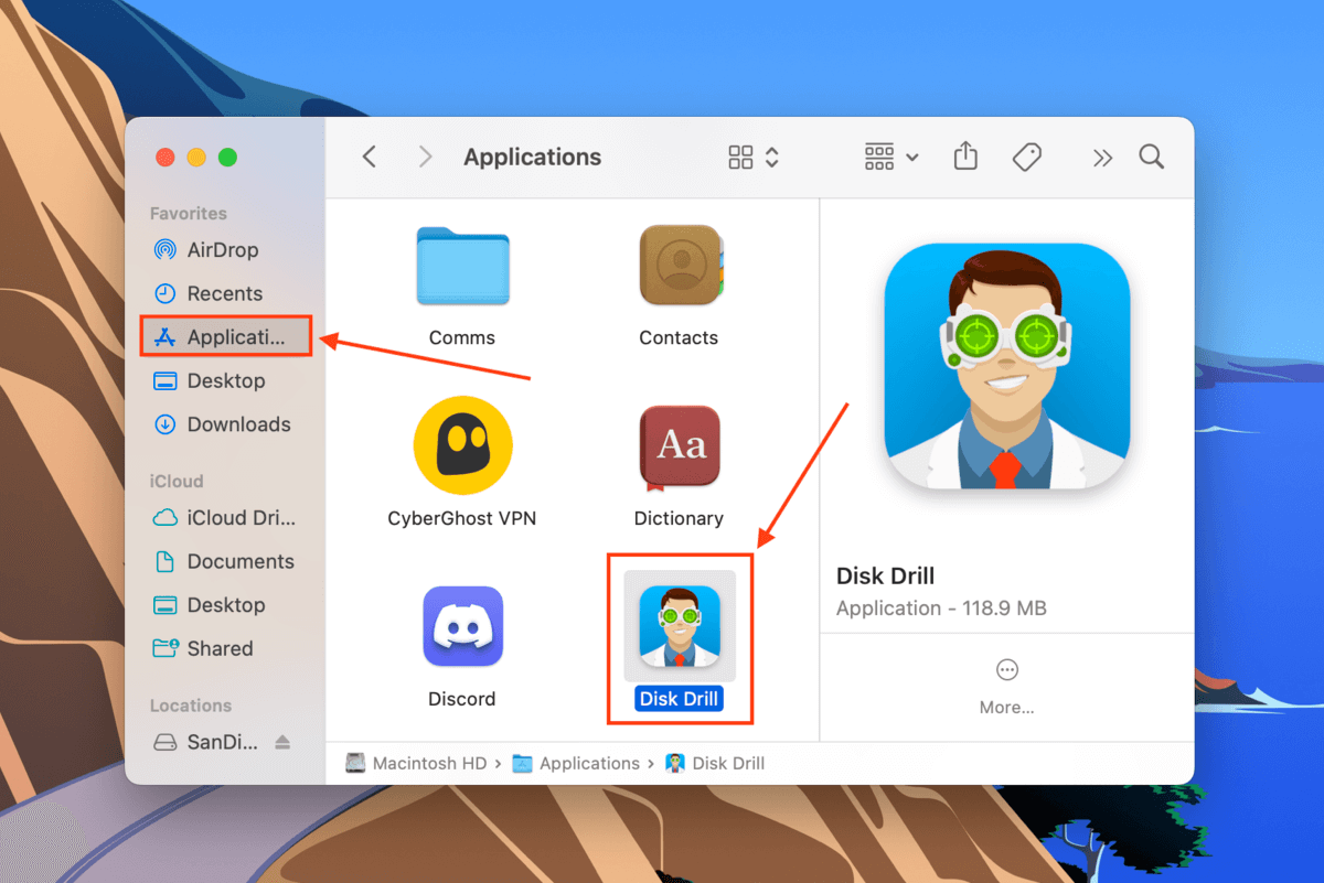 Disk Drill app in the Finder Applications folder