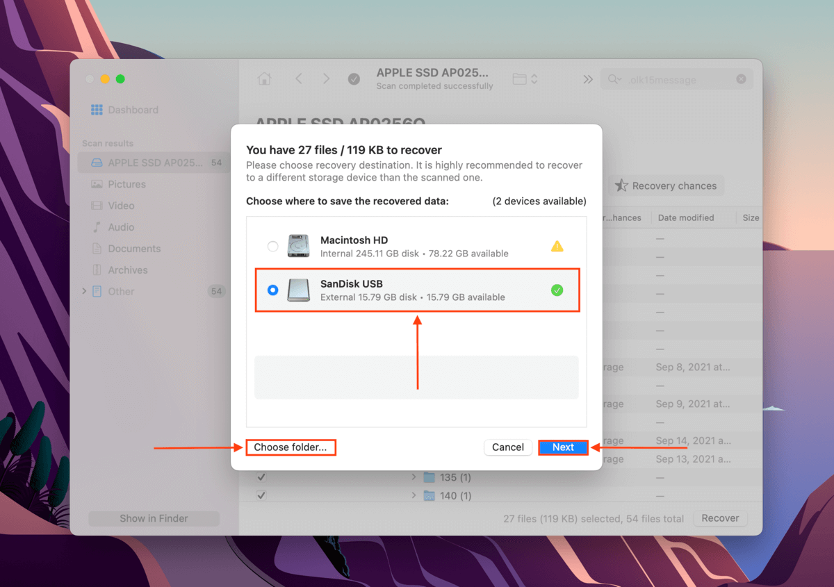 Disk Drill destination selection dialogue