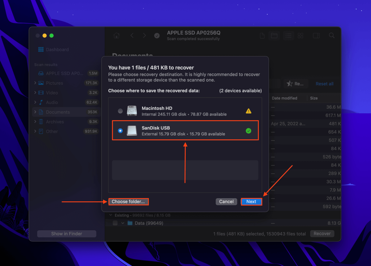 Disk Drill destination selection dialogue