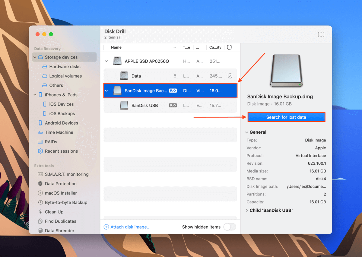 disk image selection window in Disk Drill