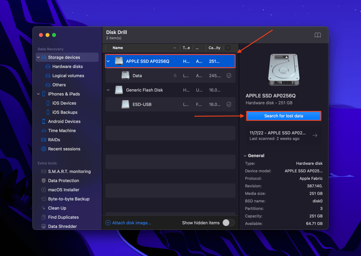 Disk Drill drive selection screen