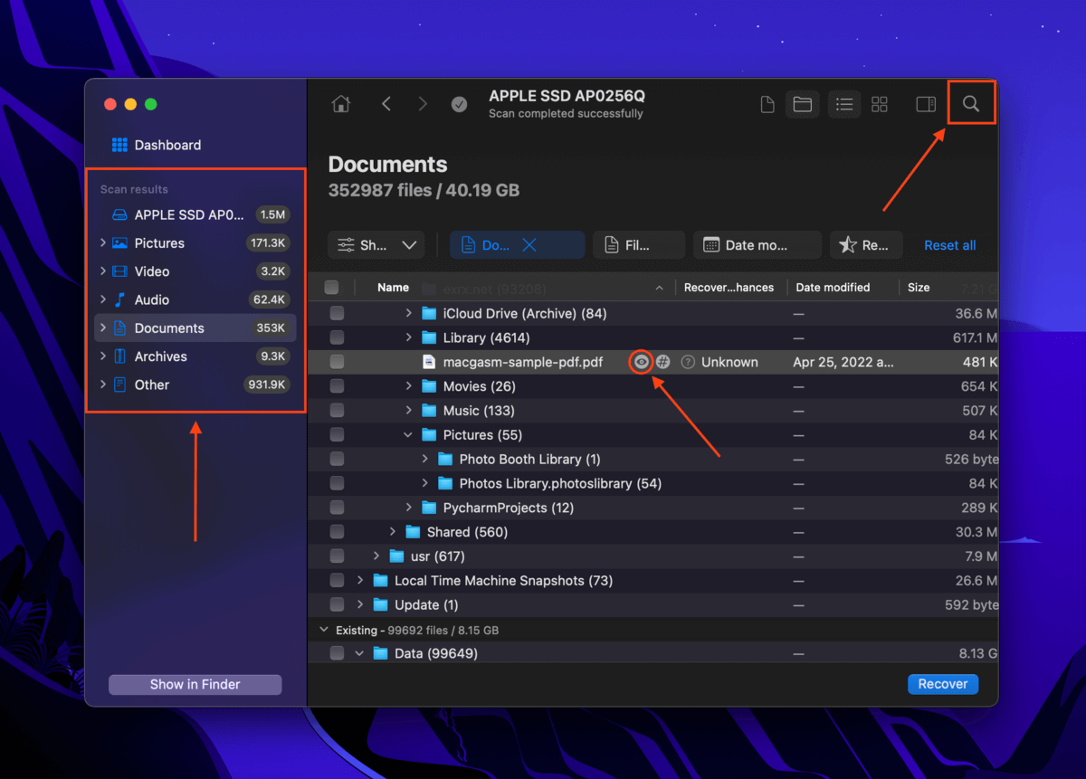 Disk Drill search bar and filter sidebar