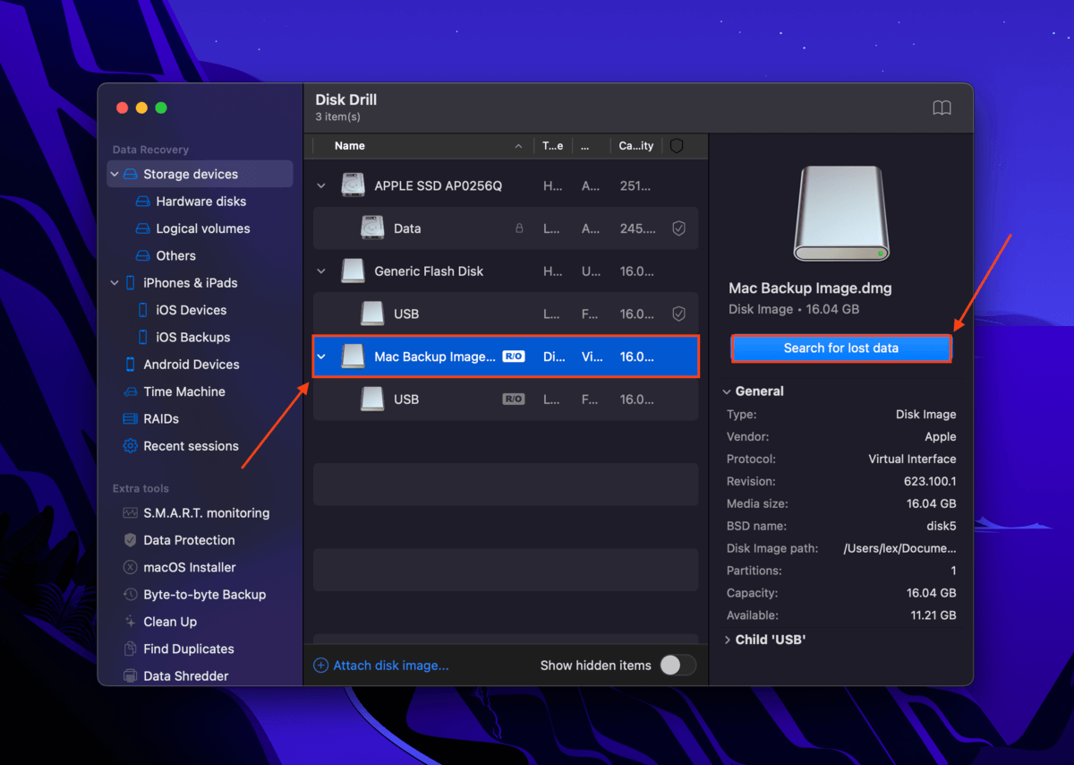 Mac disk image in Disk Drill's drive selection screen