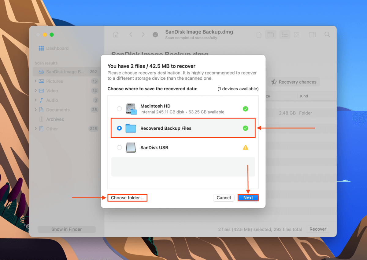 destination folder selection dialog in disk drill