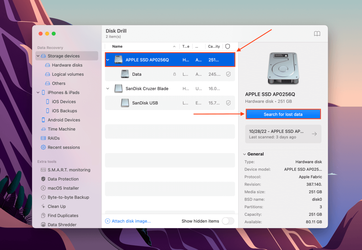 Disk Drill drive selection screen