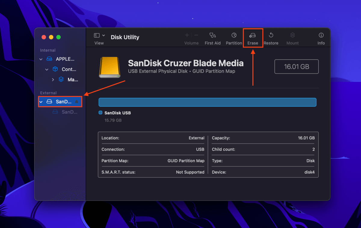 Disk Utility Erase button