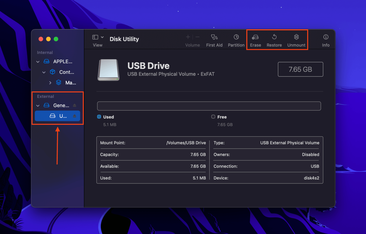 Disk Utility Erase, Restore, and Unmount buttons