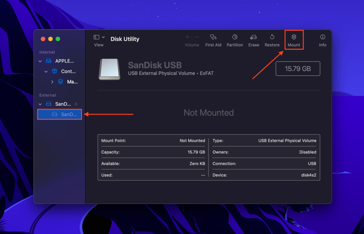 Mount button in Disk Utility