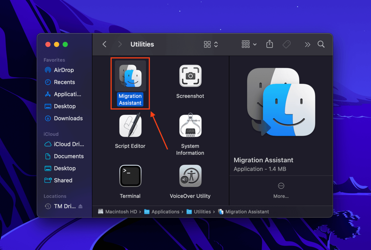 Migration Assistant app in the Finder Applications folder