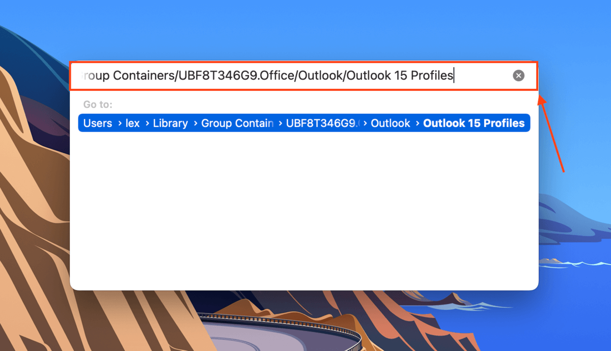 Outlook profiles path in Finder Go to Folder tool