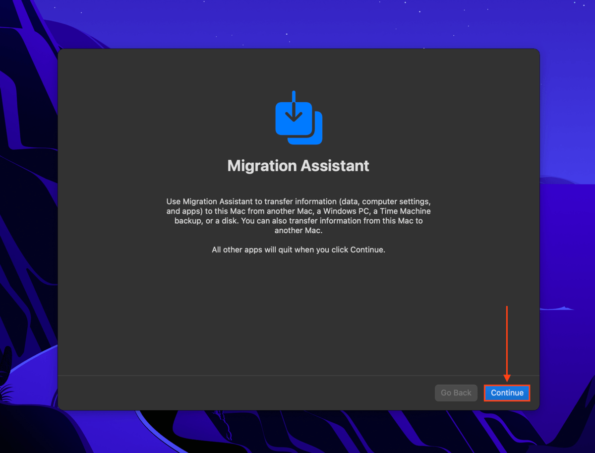 Migration Assistant begin migration screen