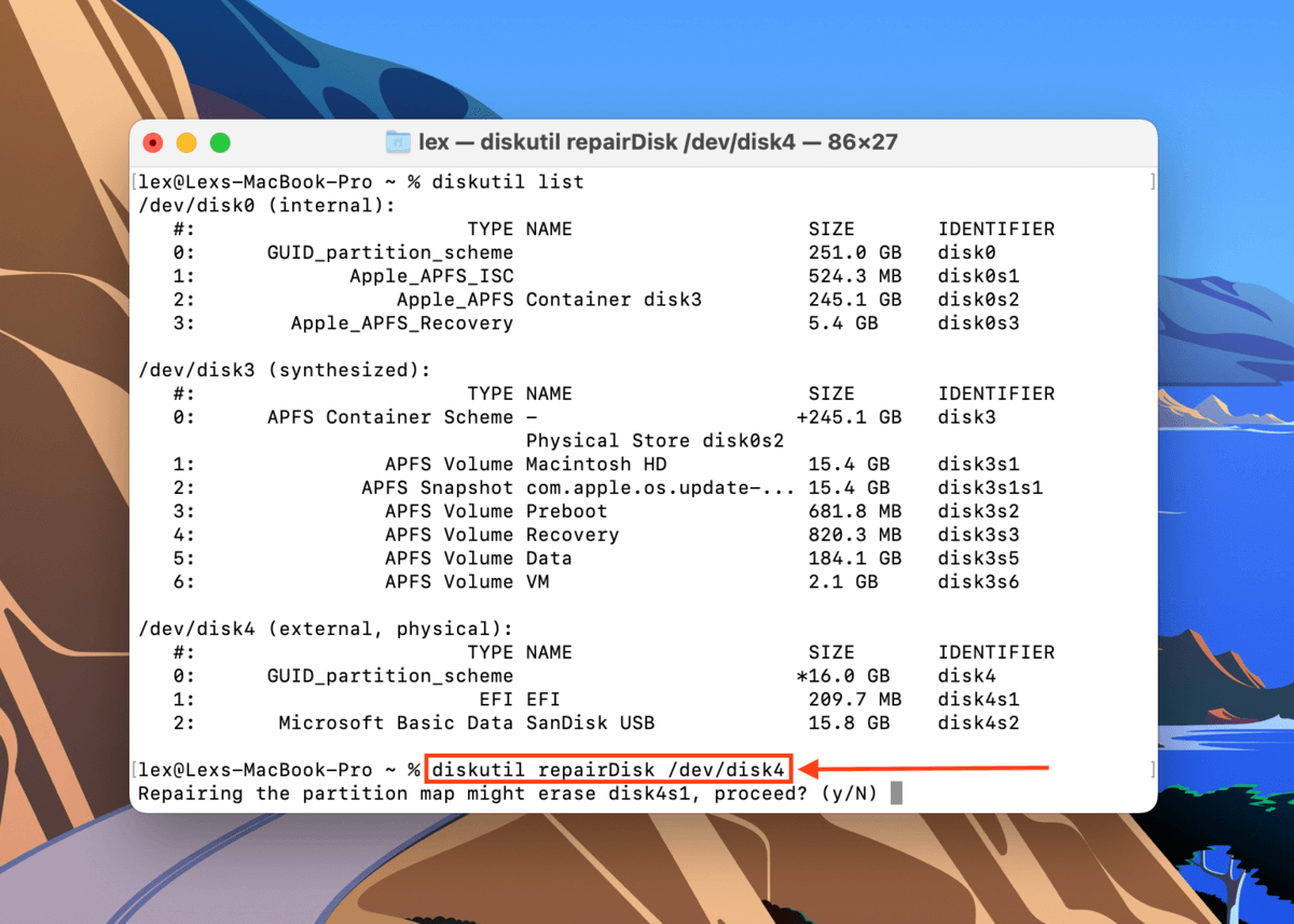 diskutil diskrepair command in the Terminal app