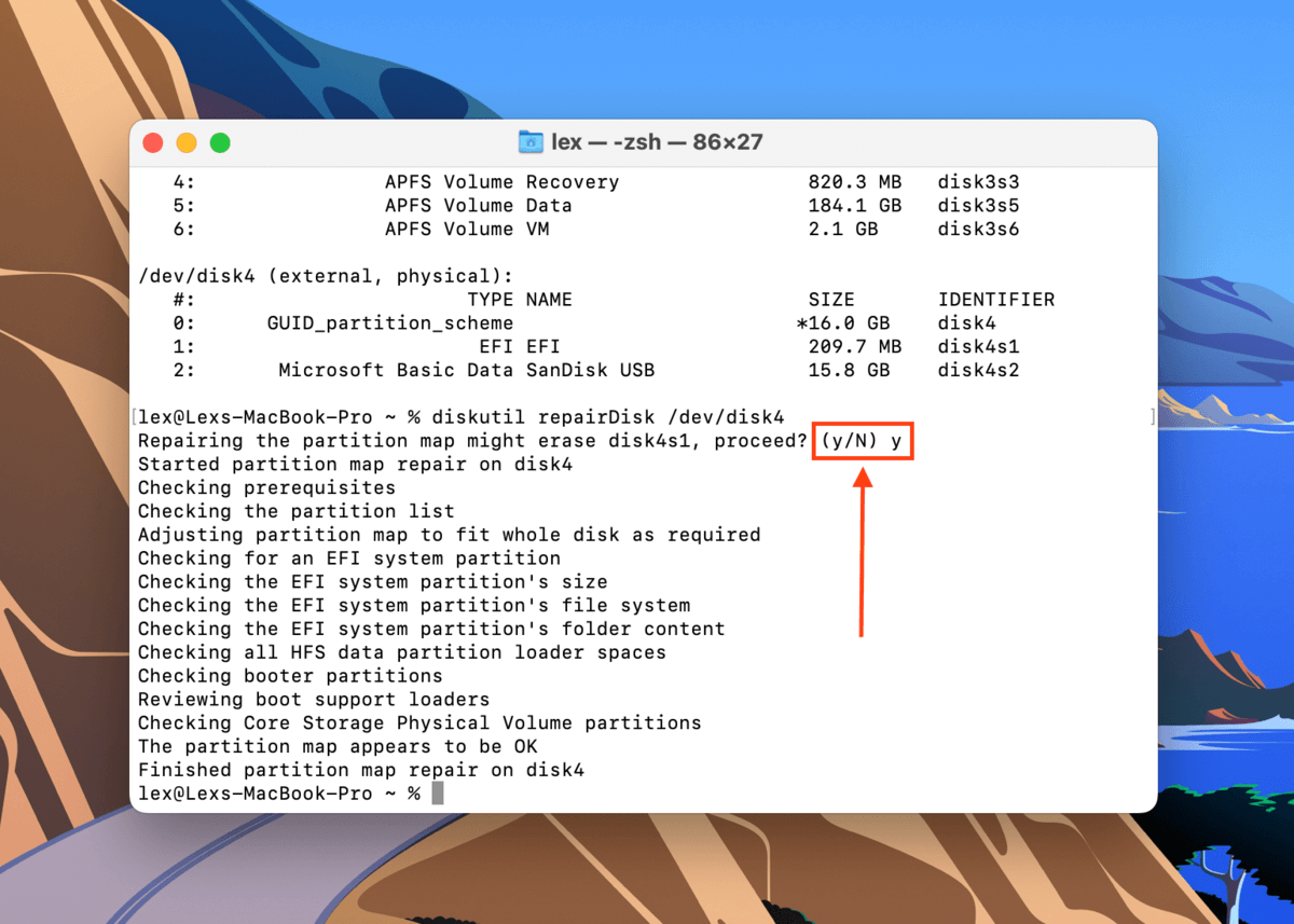 confirm diskutil diskrepair command in the Terminal app
