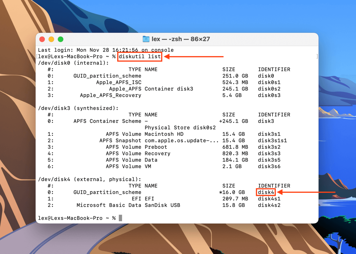 diskutil list command in the Terminal app