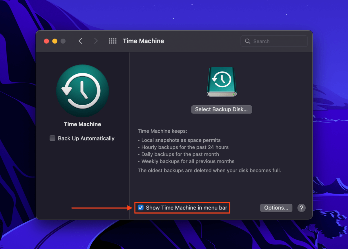 Time Machine settings window