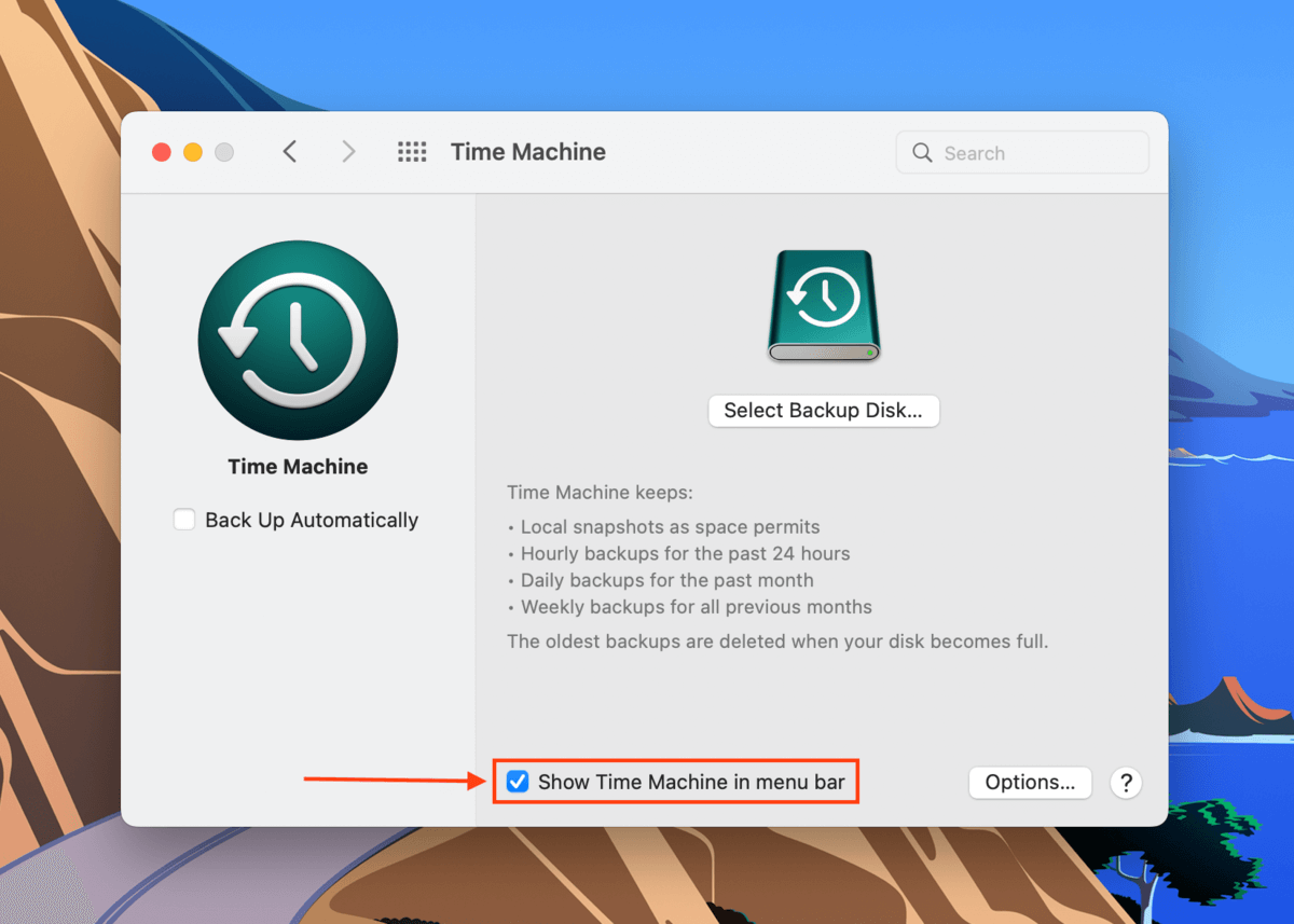 Show Time Machine in menu bar button