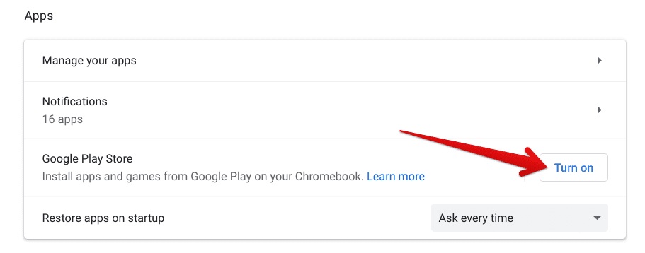 Under “Google Play Store”, click on the “Turn on” Button