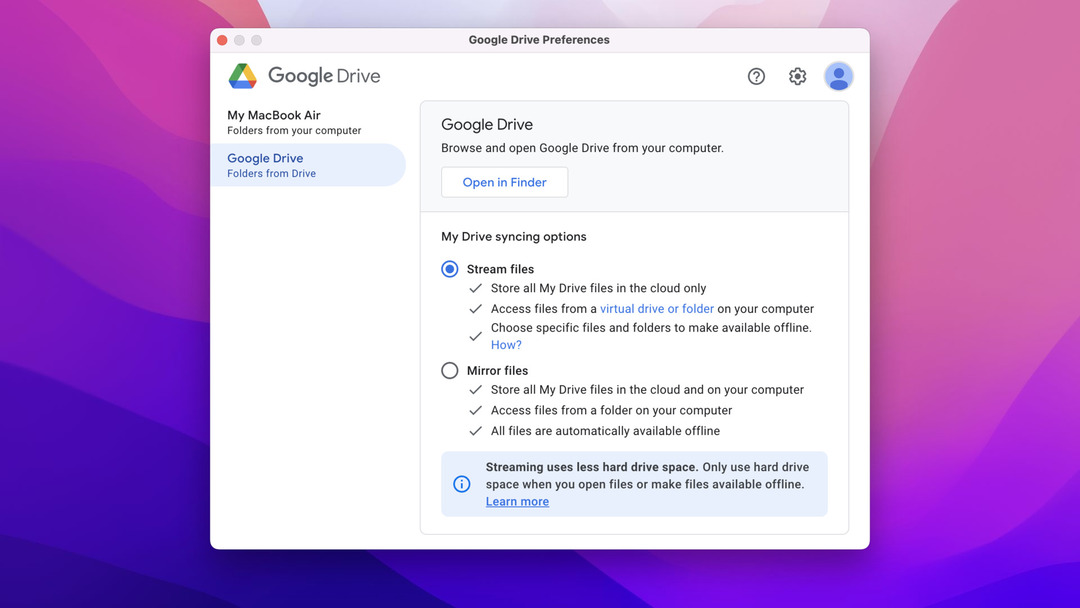 Google drive settings menu