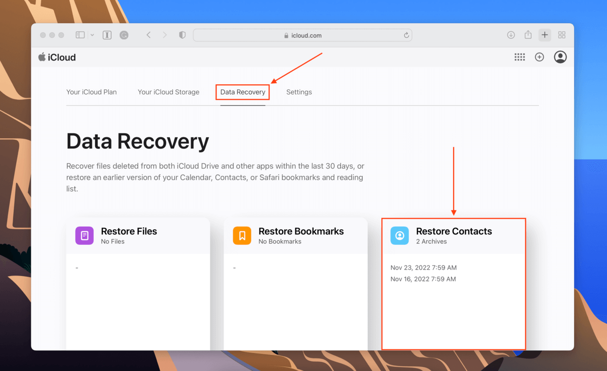 iCloud web data recovery menu