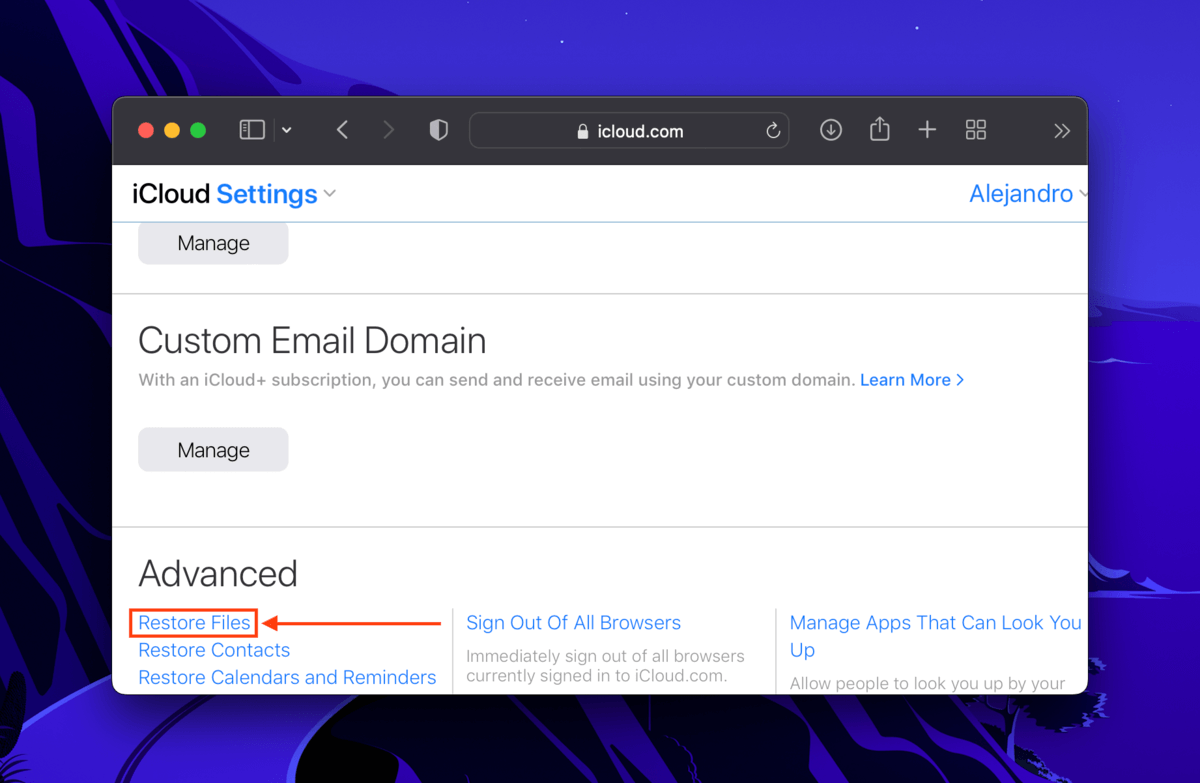 iCloud web Restore Files option in Account Settings