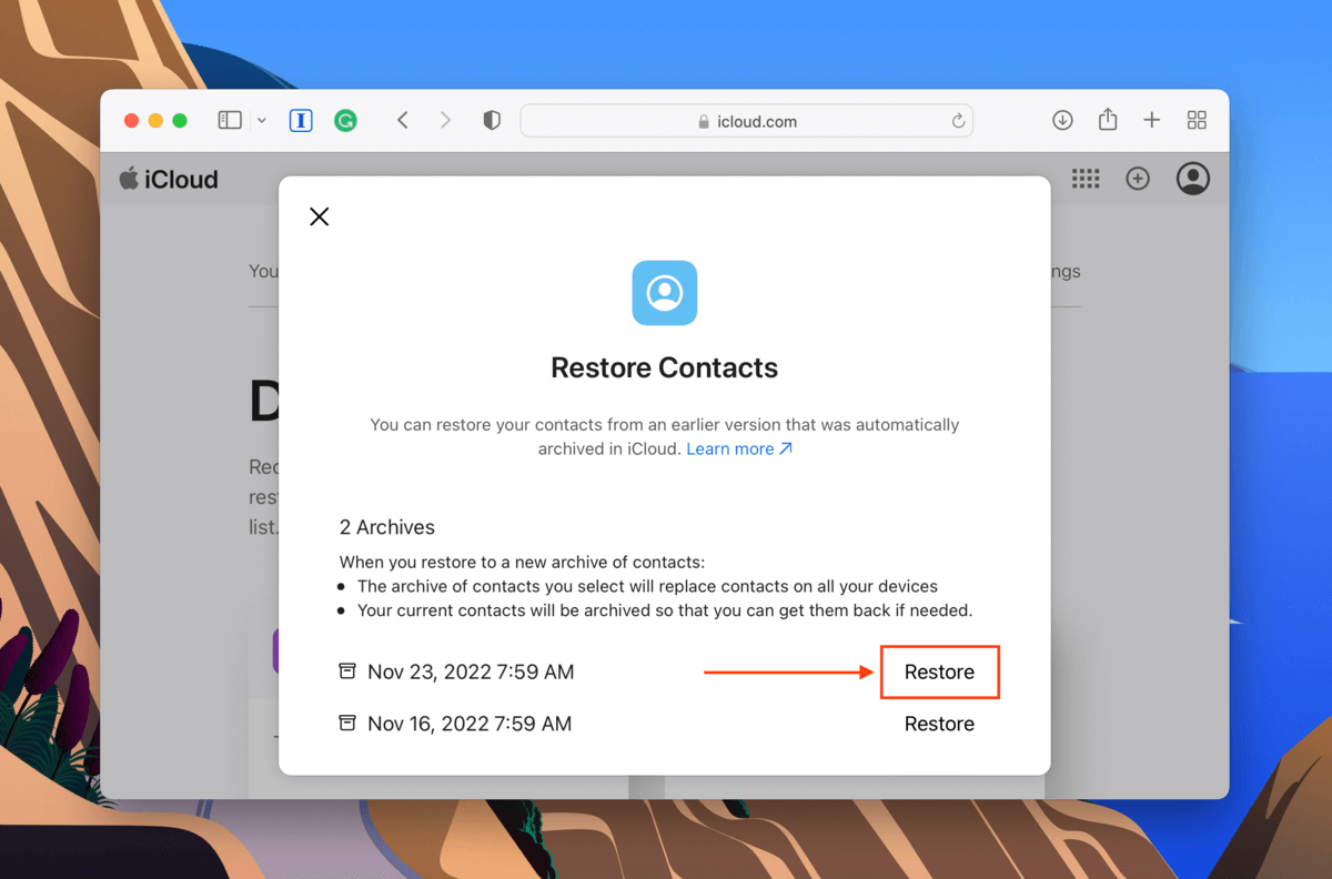 iCloud web restore contacts dialogue box