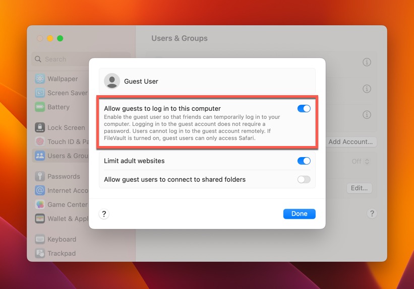 macos allow guests to log in to this computer