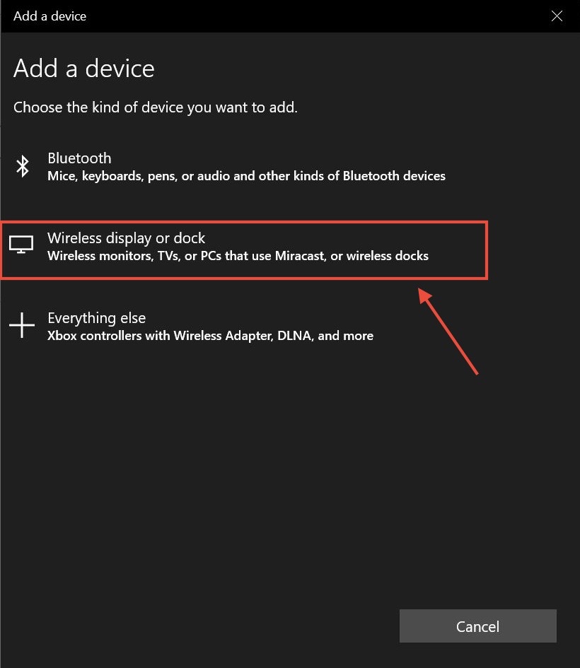 Choose Wireless Display or Dock