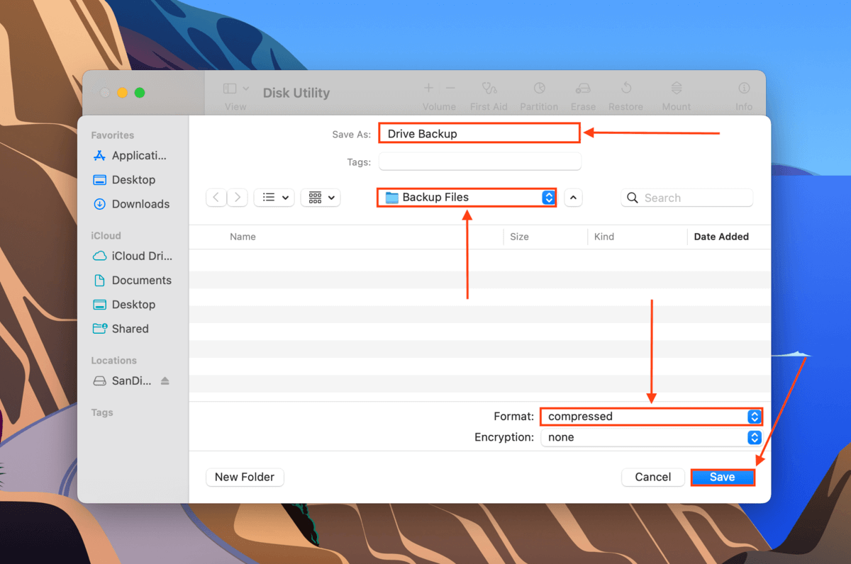 drive backup window in Disk Utility
