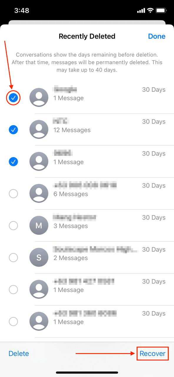 Recently deleted messages in the iPhone Messages app