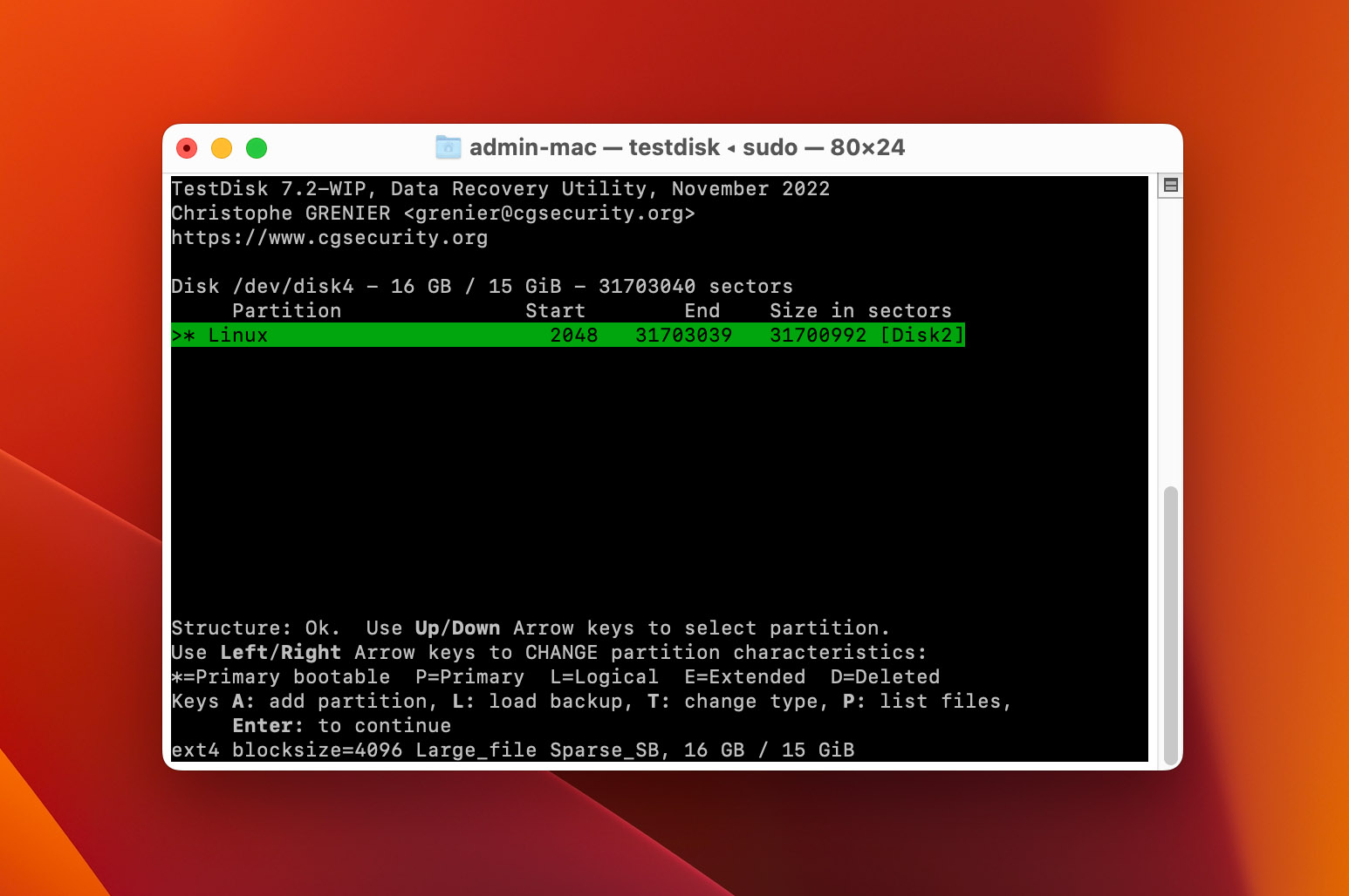 TestDisk change partition characteristics