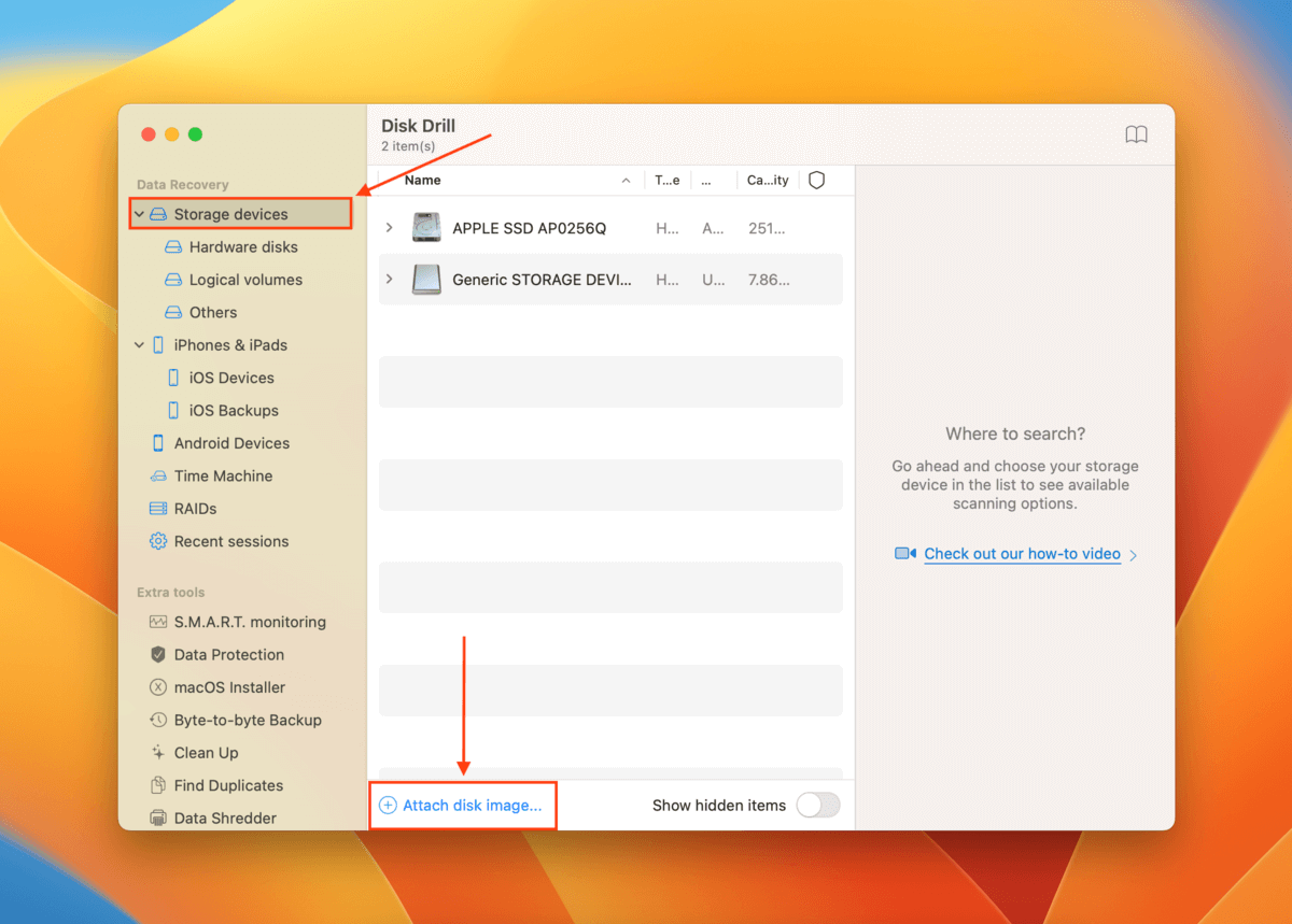 Attach Image button in Disk Drill's drive selection screen