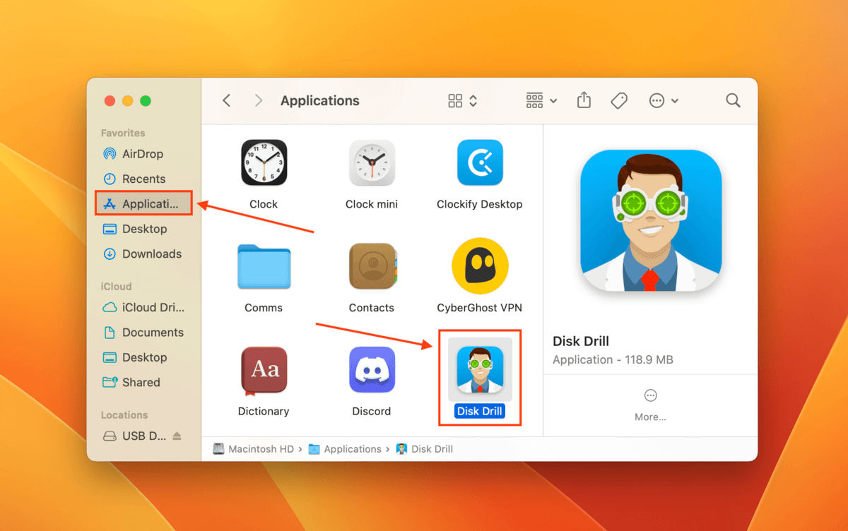 Disk Drill app in the Finder Applications folder