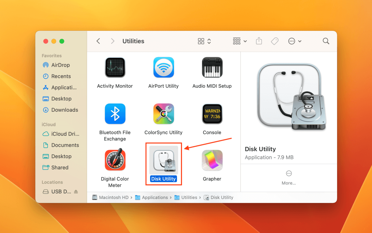 Disk Utility in Finder Applications Utilities folder